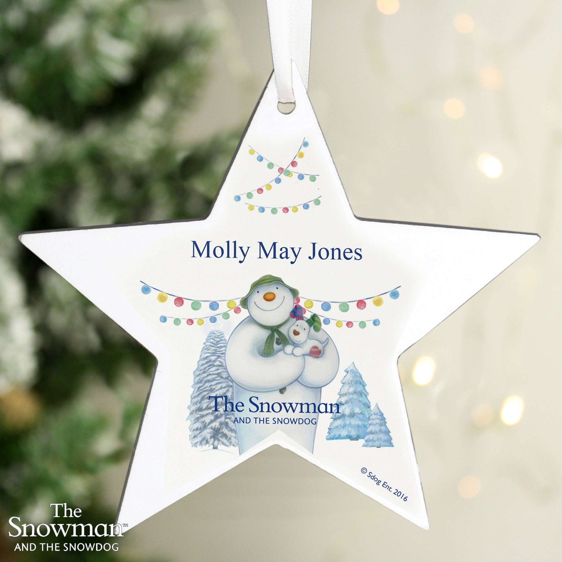Personalised The Snowman and the Snowdog Wooden Star Decoration from Heartfelt Gifts