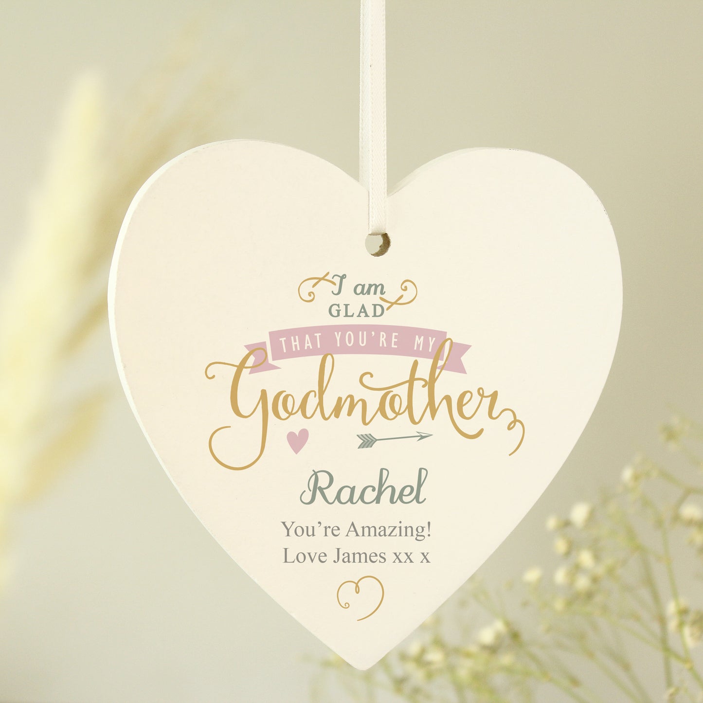 Personalised I Am Glad... Godmother Wooden Heart Decoration - image 2