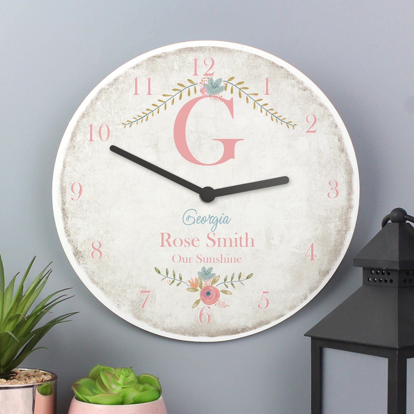Personalised Floral Bouquet Shabby Chic Large Wooden Clock - image 2
