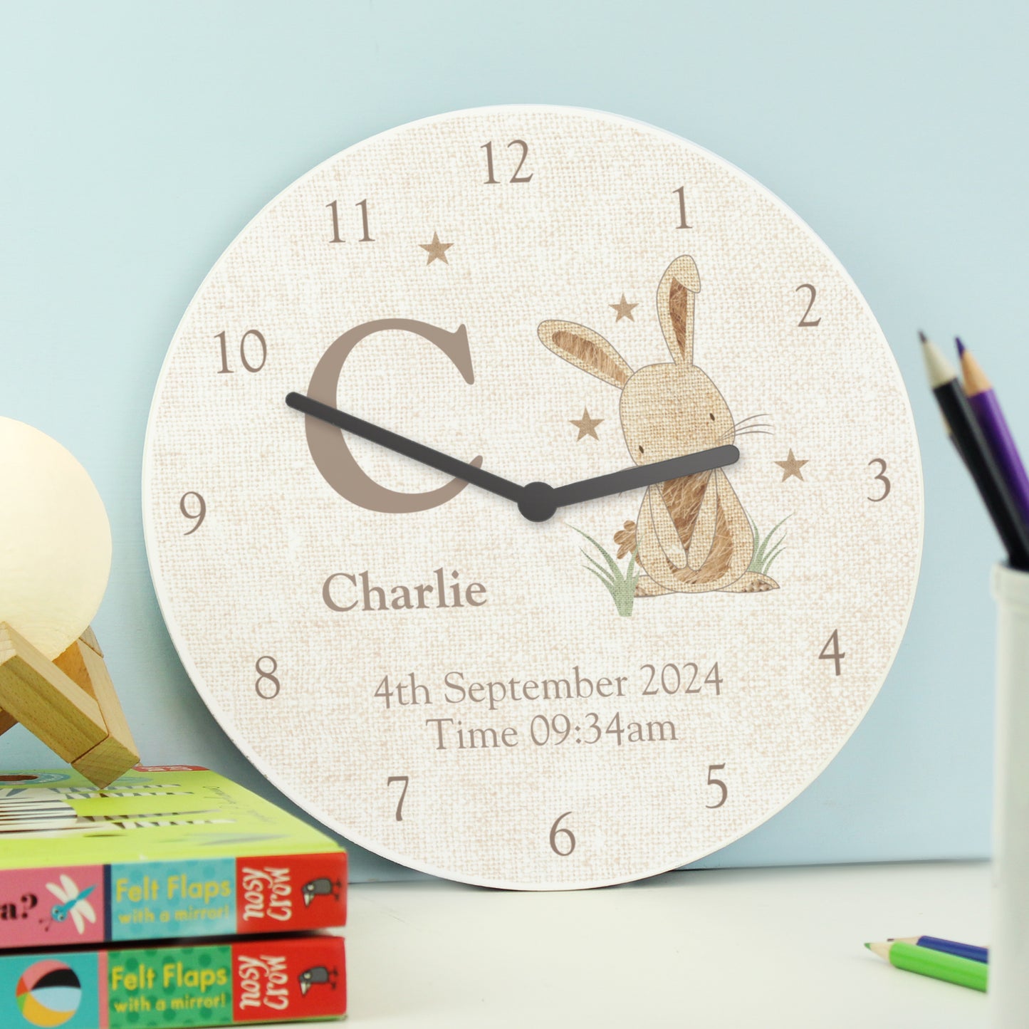 Personalised Hessian Rabbit Shabby Chic Large Wooden Clock - image 2