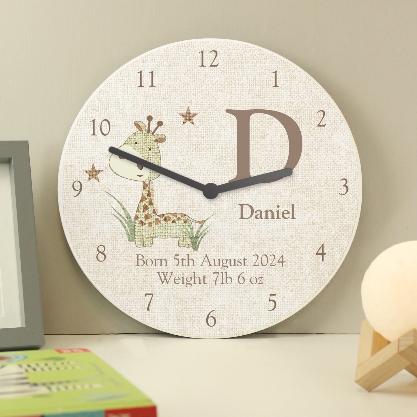 Personalised Hessian Giraffe Shabby Chic Large Wooden Clock from Heartfelt Gifts