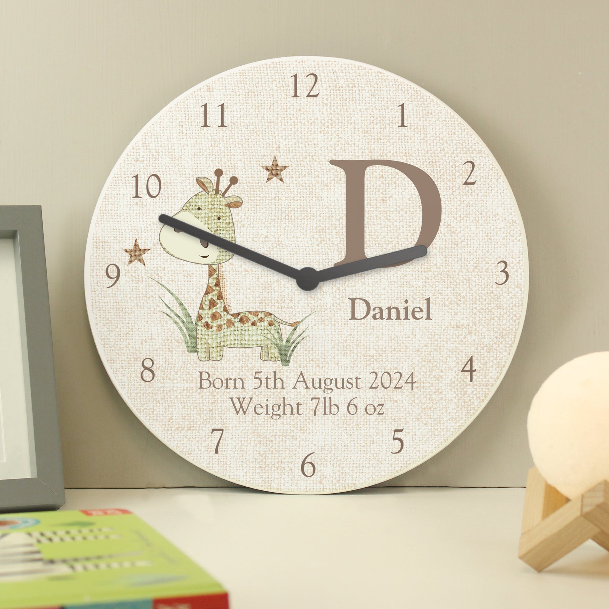 Personalised Hessian Giraffe Shabby Chic Large Wooden Clock from Heartfelt Gifts