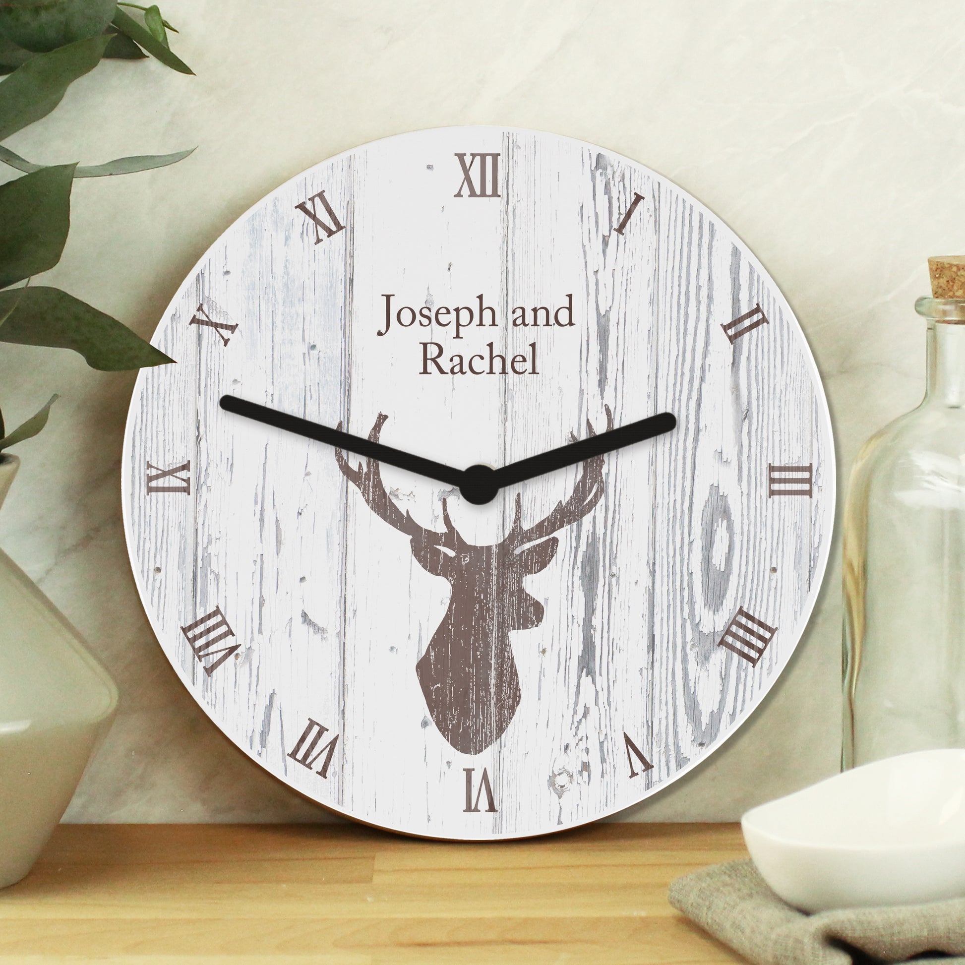 Personalised Highland Stag Shabby Chic Wooden Clock from Heartfelt Gifts