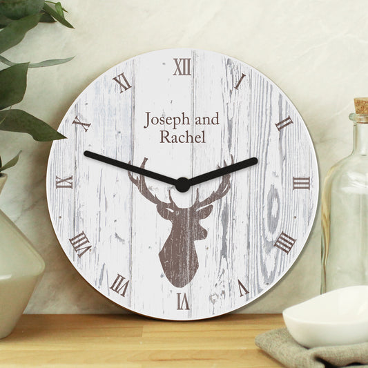 Personalised Highland Stag Shabby Chic Wooden Clock from Heartfelt Gifts
