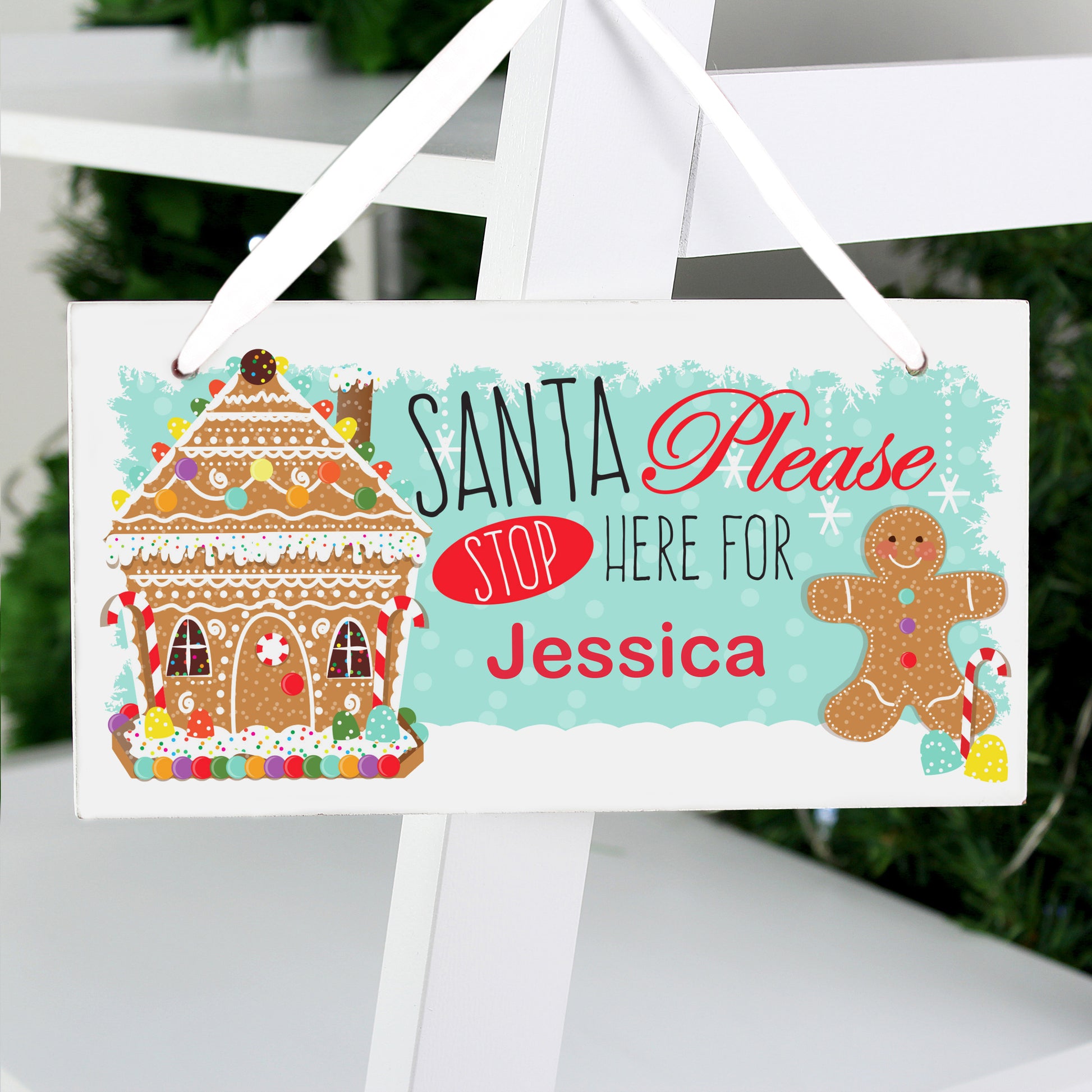 Personalised Gingerbread House Santa Stop Here Wooden Sign from Heartfelt Gifts
