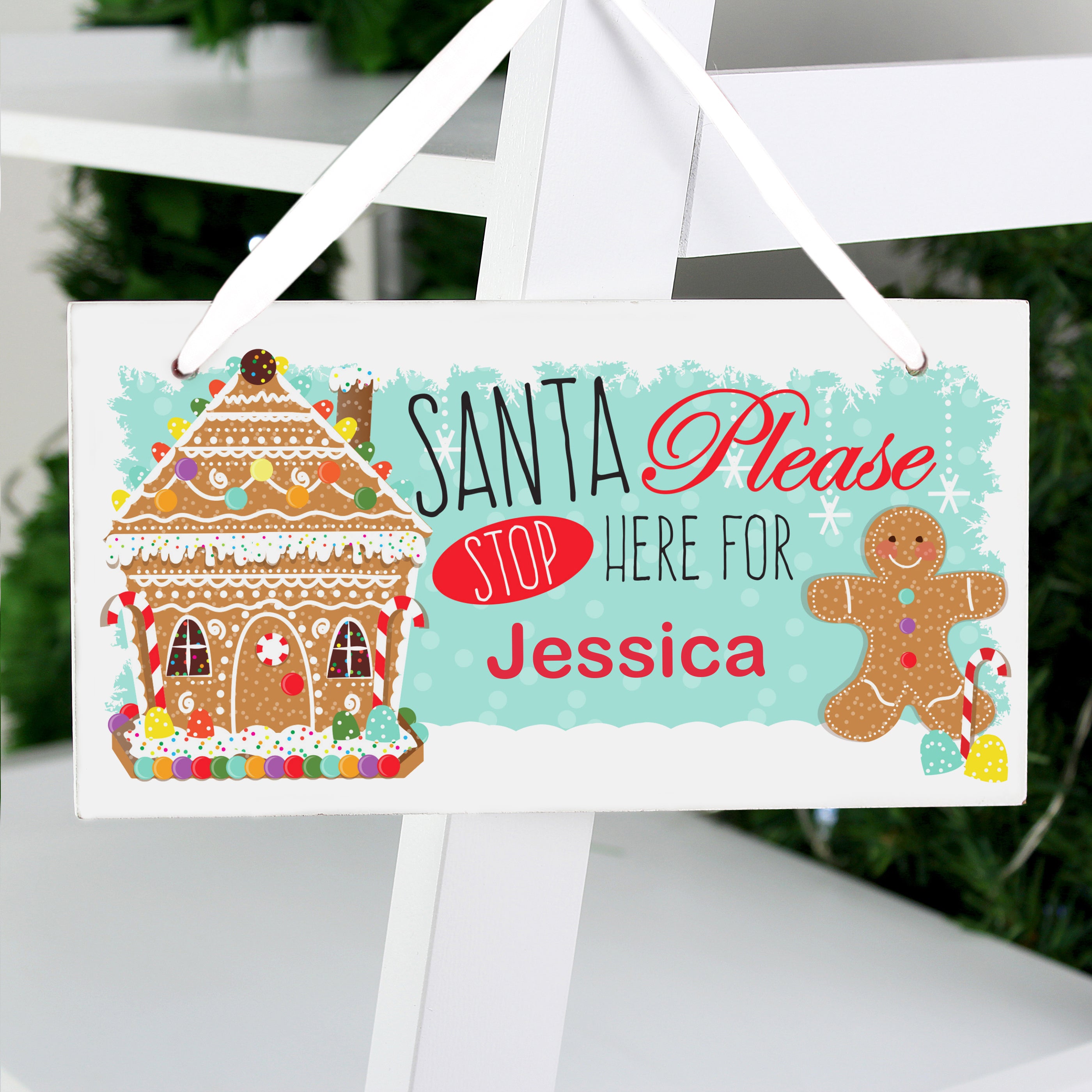 Personalised Gingerbread House Santa Stop Here Wooden Sign from Heartfelt Gifts