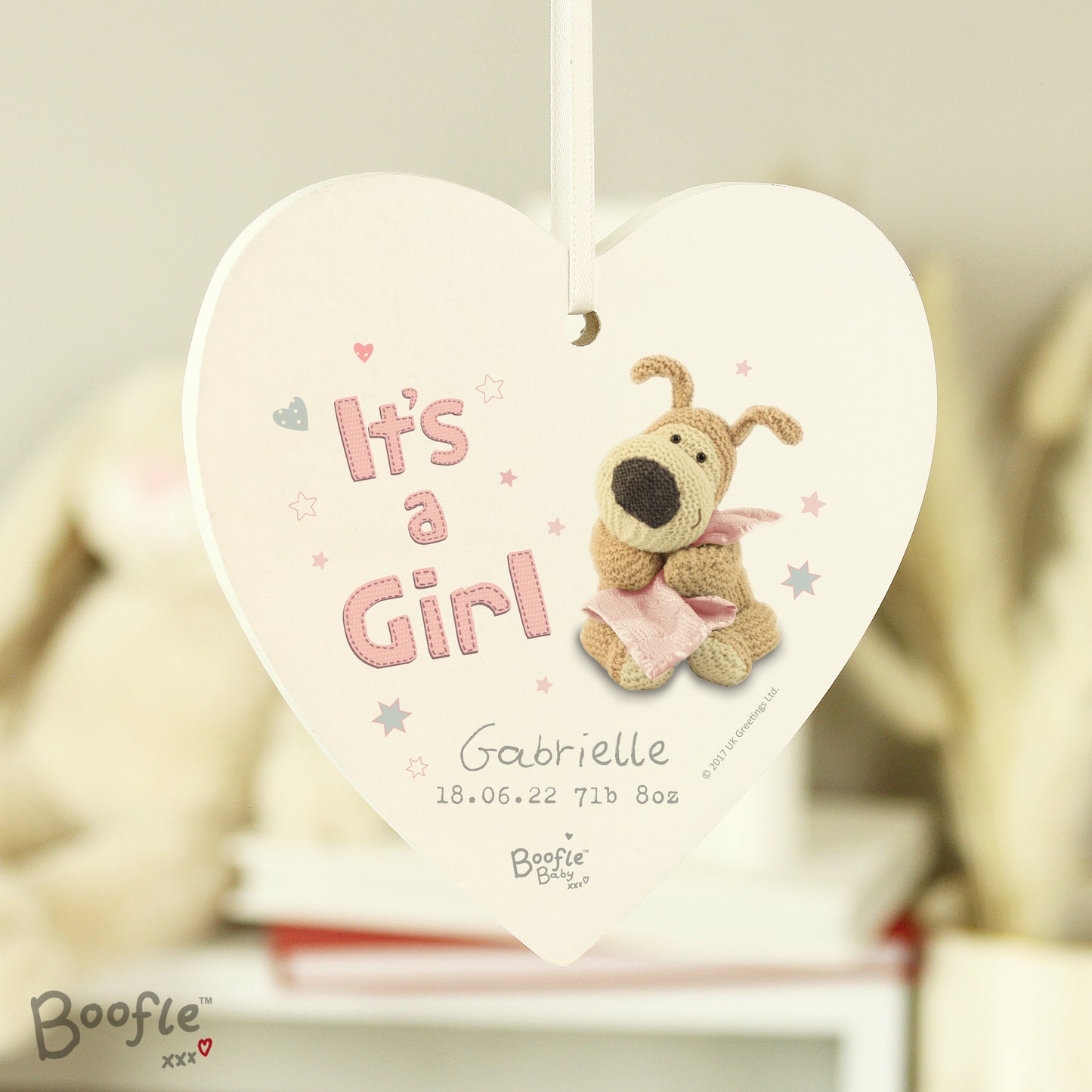 Personalised Boofle It's a Girl Wooden Heart Decoration from Heartfelt Gifts