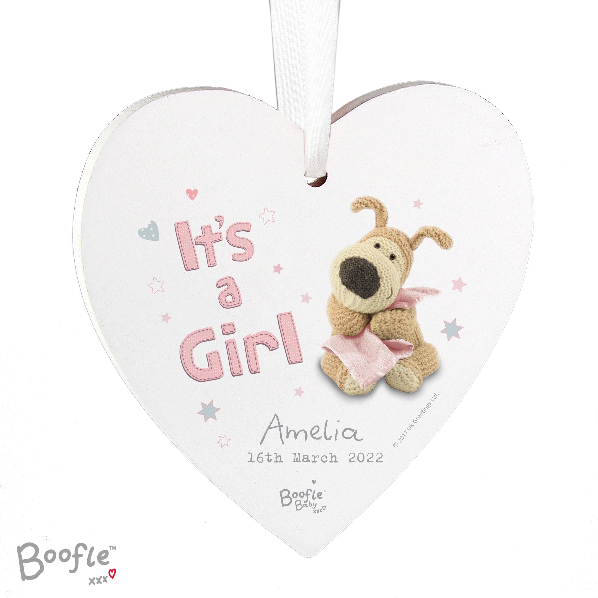 Personalised Boofle It's a Girl Wooden Heart Decoration - image 3
