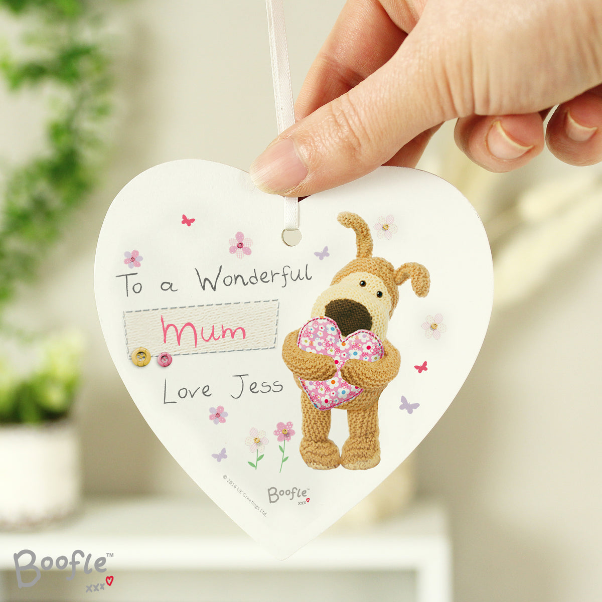 Personalised Boofle Flowers Wooden Heart Decoration from Heartfelt Gifts