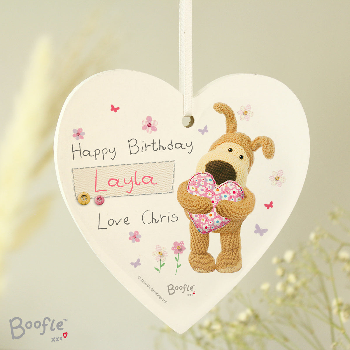 Personalised Boofle Flowers Wooden Heart Decoration - image 3