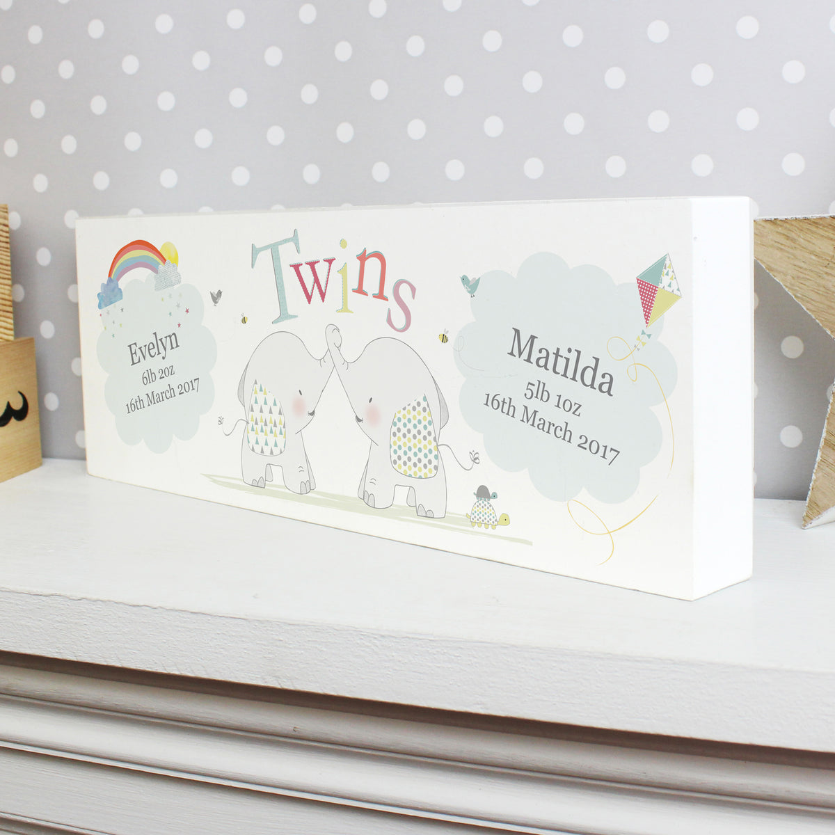 Personalised Hessian Elephant Twins Wooden Mantel Decoration from Heartfelt Gifts