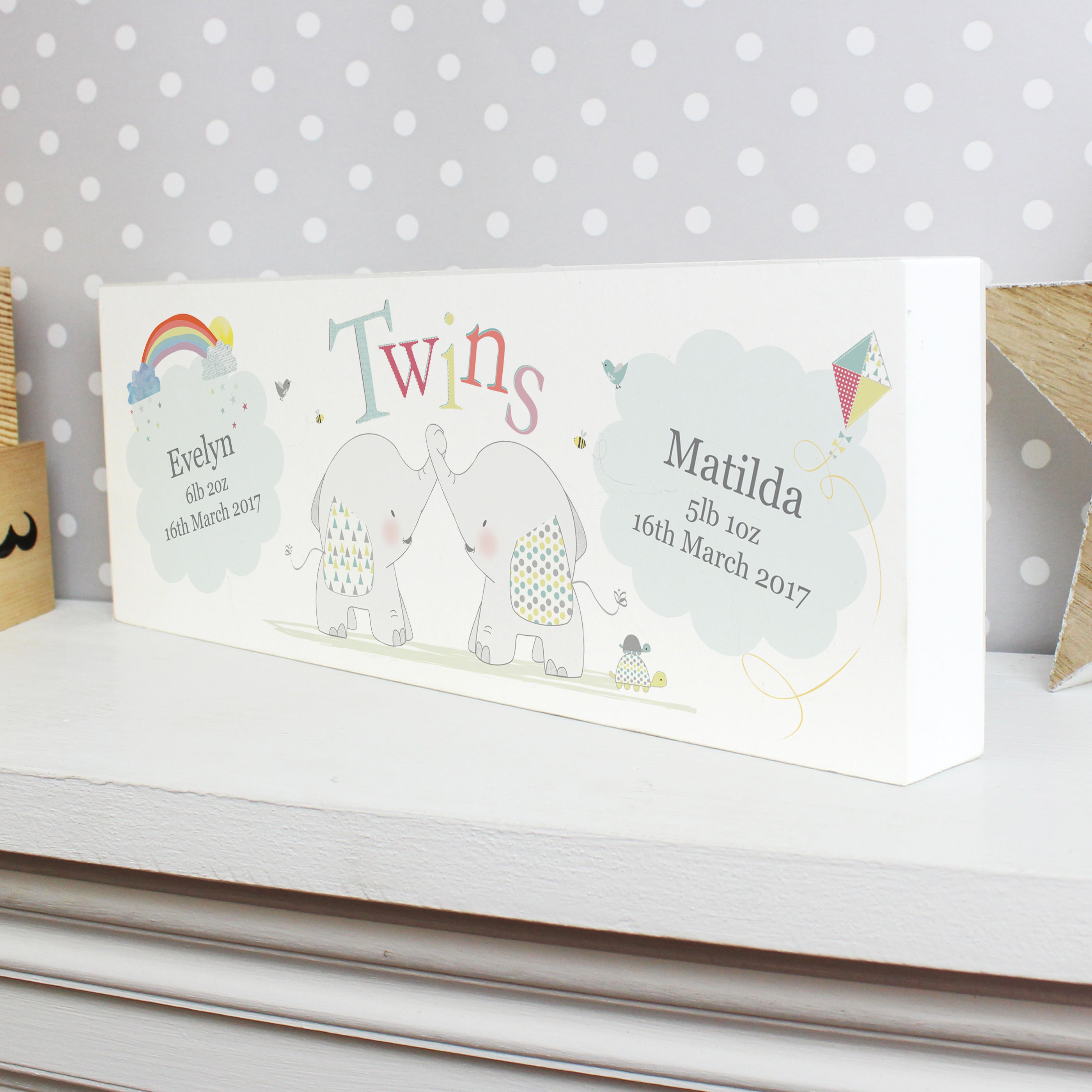 Personalised Hessian Elephant Twins Wooden Mantel Decoration from Heartfelt Gifts