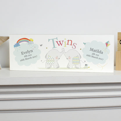 Personalised Hessian Elephant Twins Wooden Mantel Decoration - image 3