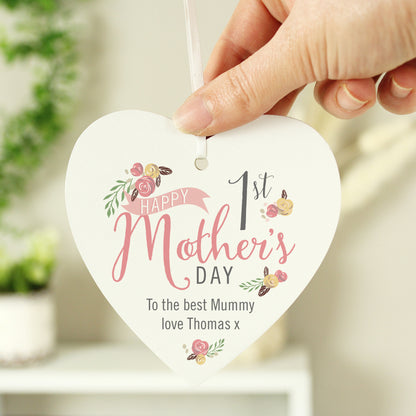 Personalised Floral Bouquet 1st Mothers Day Wooden Heart Decoration from Heartfelt Gifts