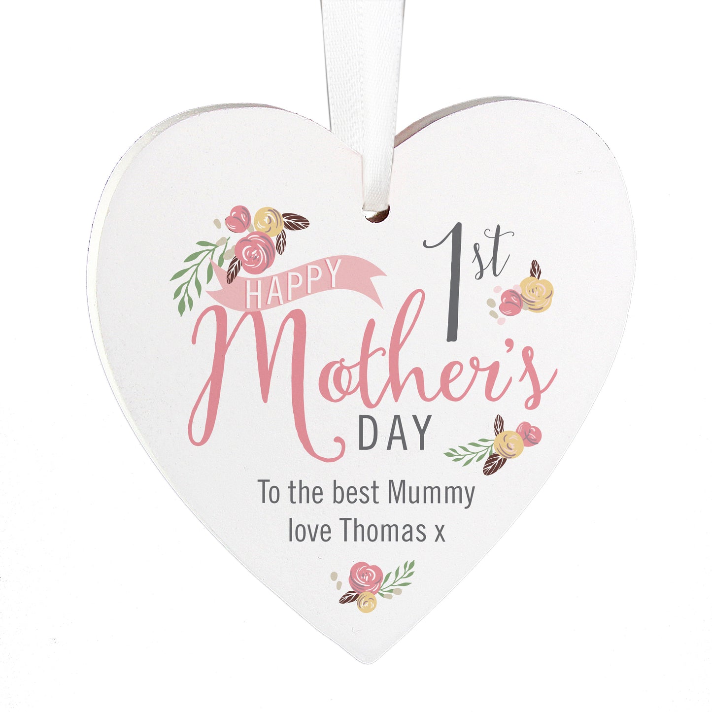 Personalised Floral Bouquet 1st Mothers Day Wooden Heart Decoration - image 3