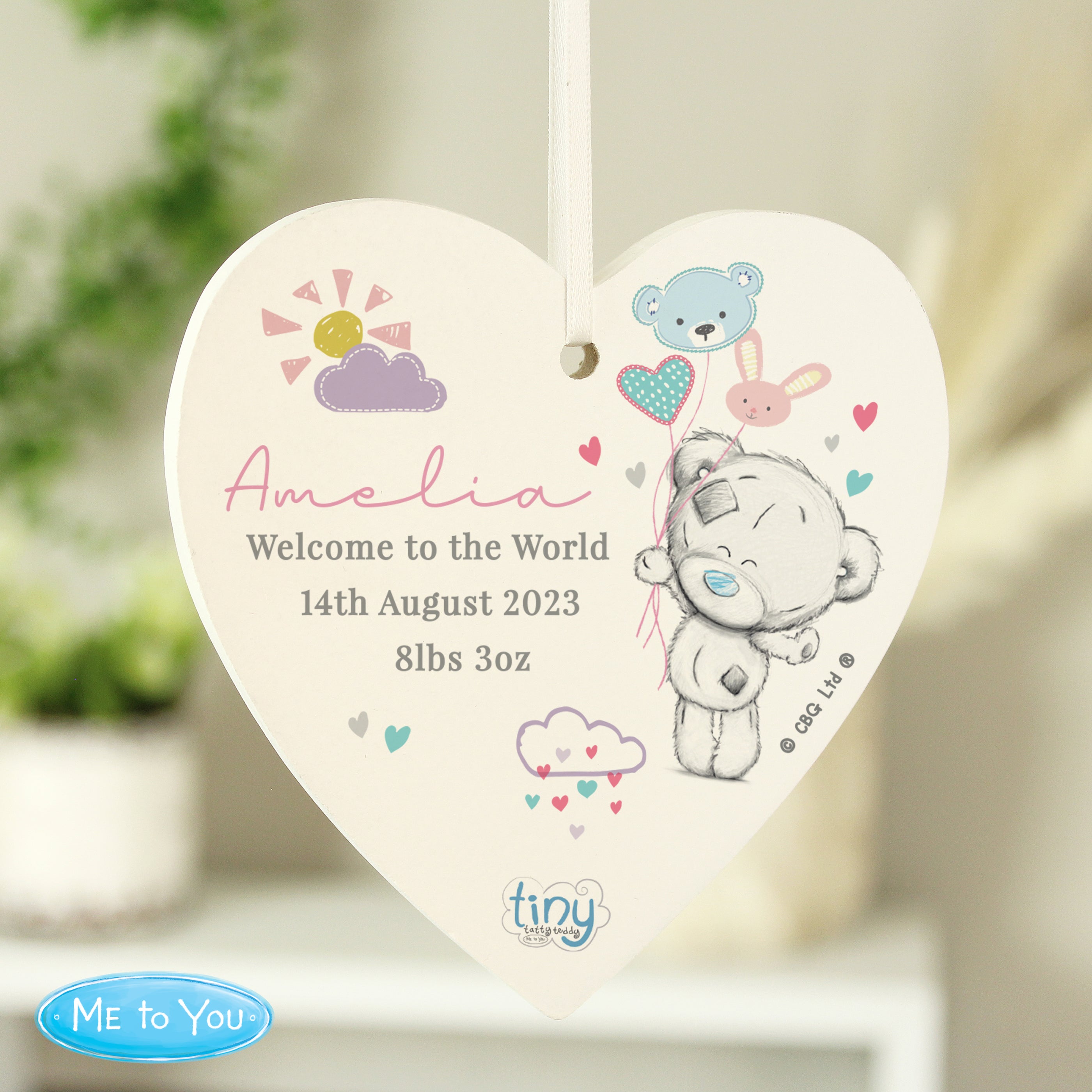 Personalised Tiny Tatty Teddy Pink Wooden Heart Decoration from Heartfelt Gifts