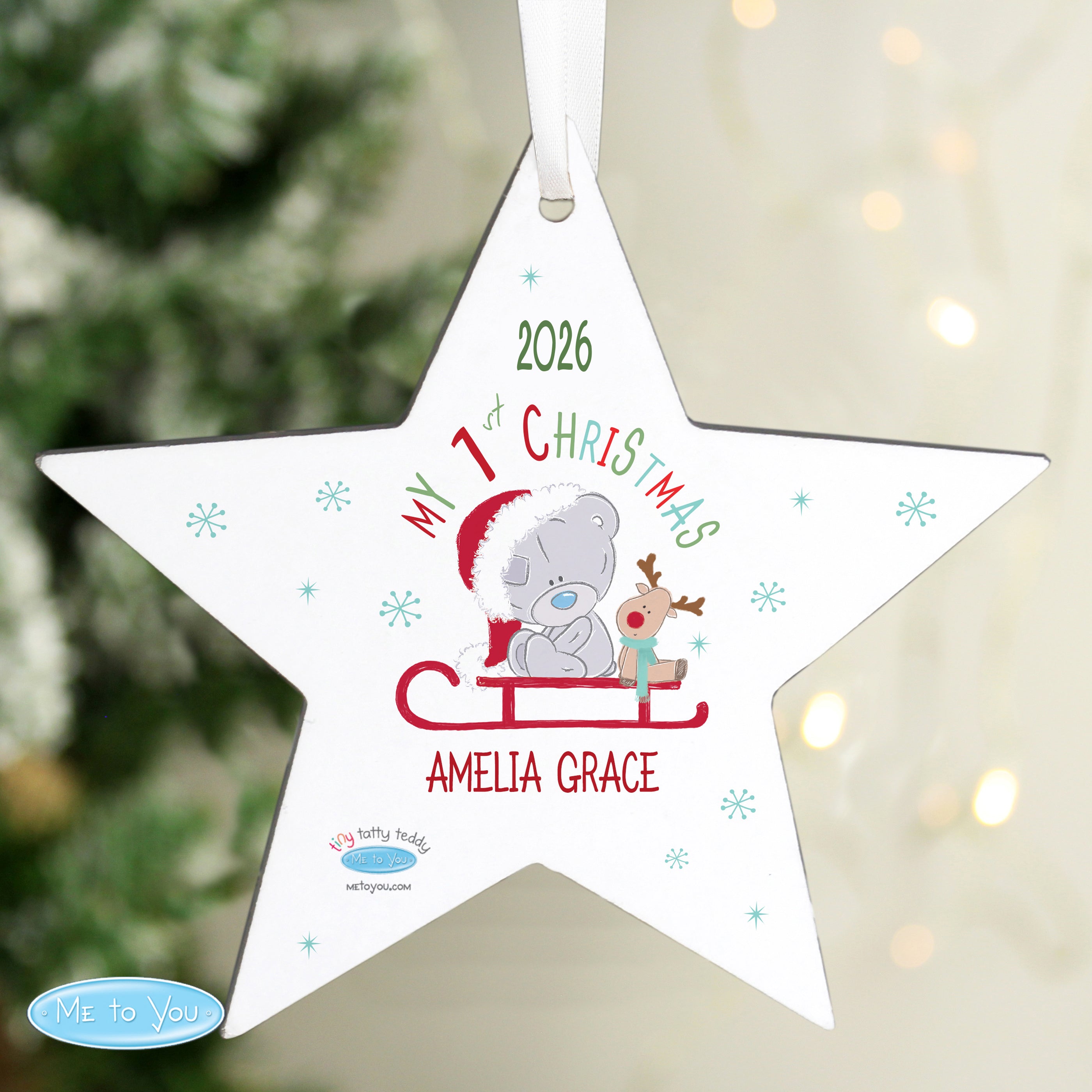 Personalised Tiny Tatty Teddy My 1st Christmas Sleigh Wooden Star Decoration from Heartfelt Gifts