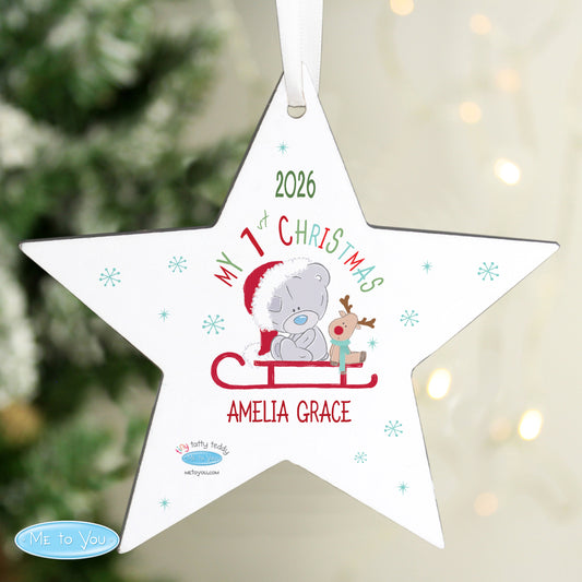 Personalised Tiny Tatty Teddy My 1st Christmas Sleigh Wooden Star Decoration from Heartfelt Gifts