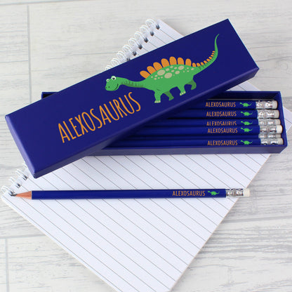 Personalised Dinosaur Box of 12 Blue HB Pencils from Heartfelt Gifts