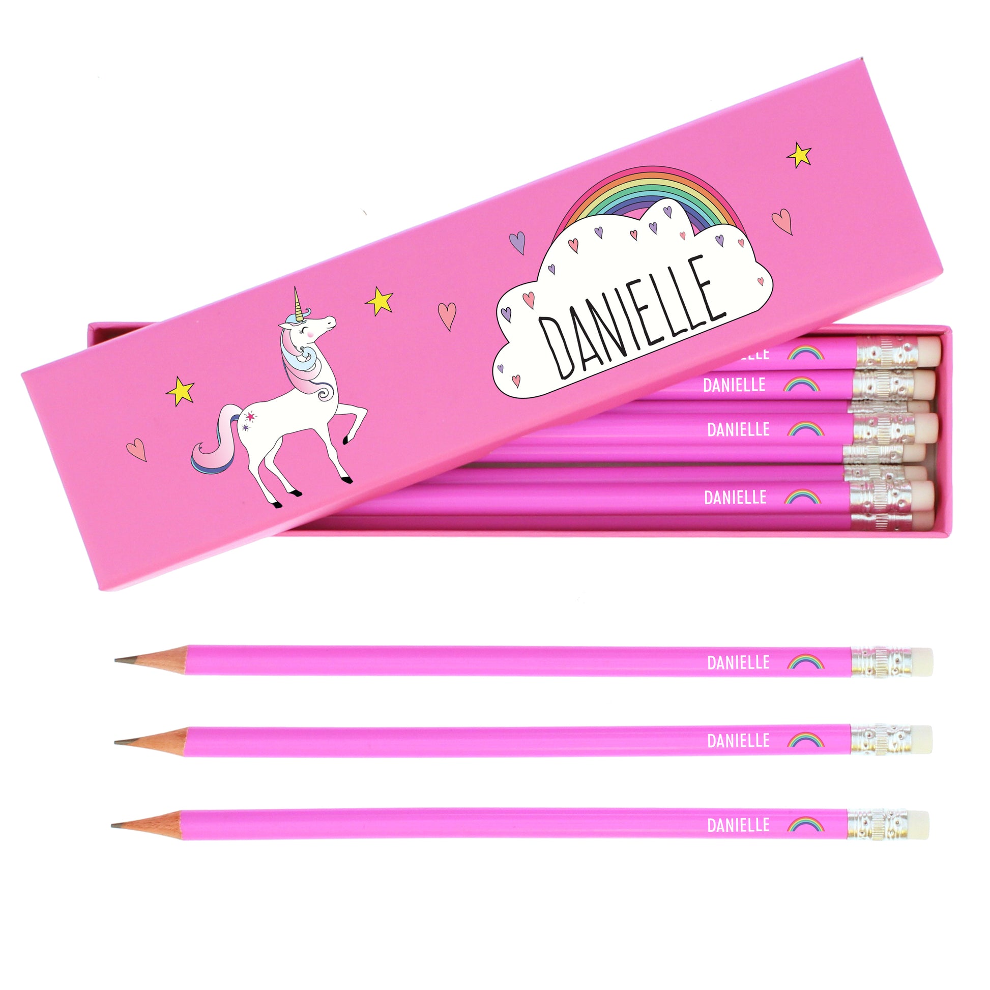 Personalised Unicorn Box of 12 Pink HB Pencils - image 2