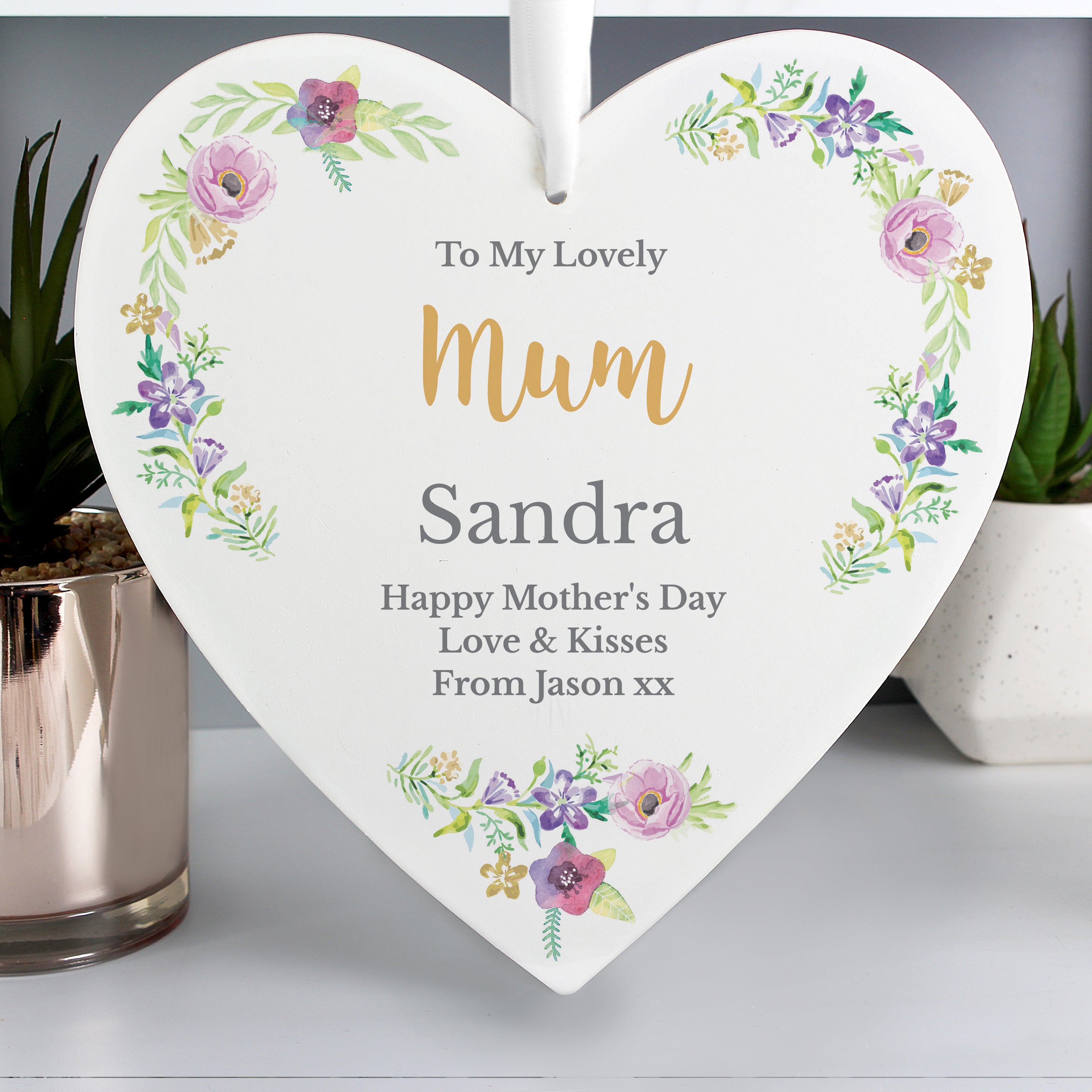 Personalised Any Role 'Floral Watercolour' Large Wooden Heart Decoration from Heartfelt Gifts
