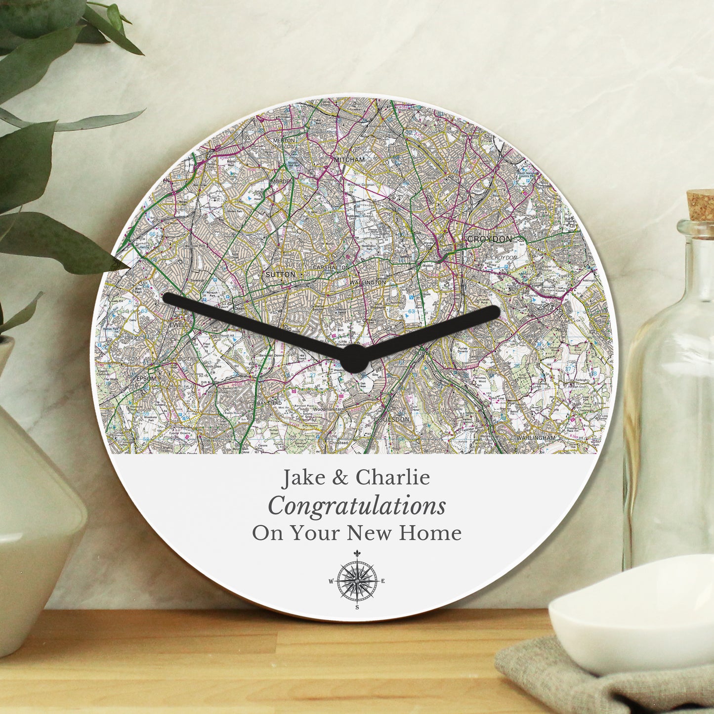 Personalised Present Day Map Compass Wooden Clock from Heartfelt Gifts