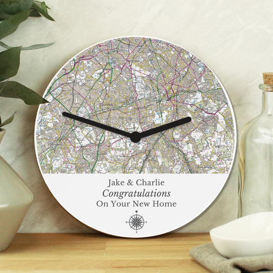 Personalised Present Day Map Compass Wooden Clock from Heartfelt Gifts