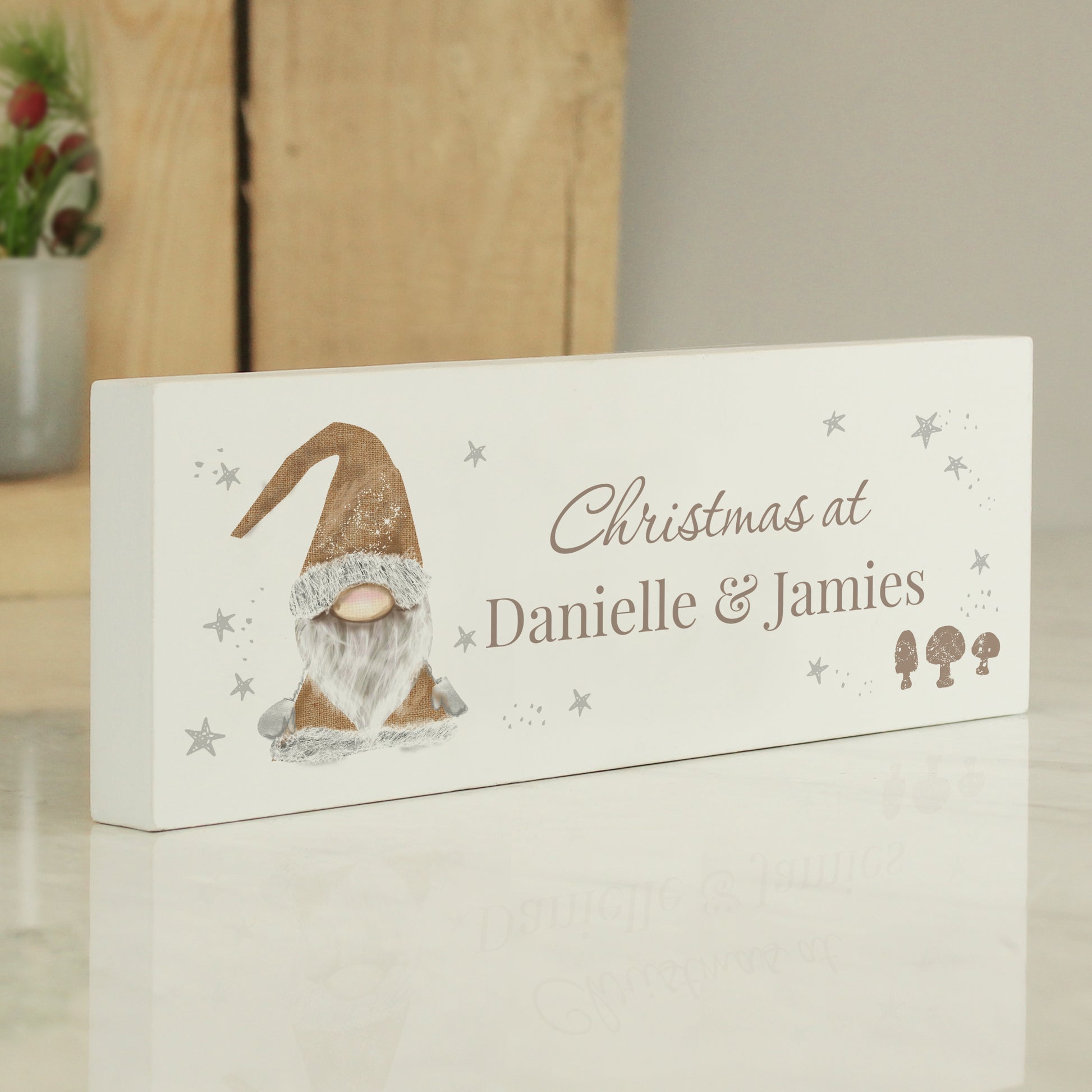 Personalised Christmas Gonk Wooden Mantel Decoration from Heartfelt Gifts