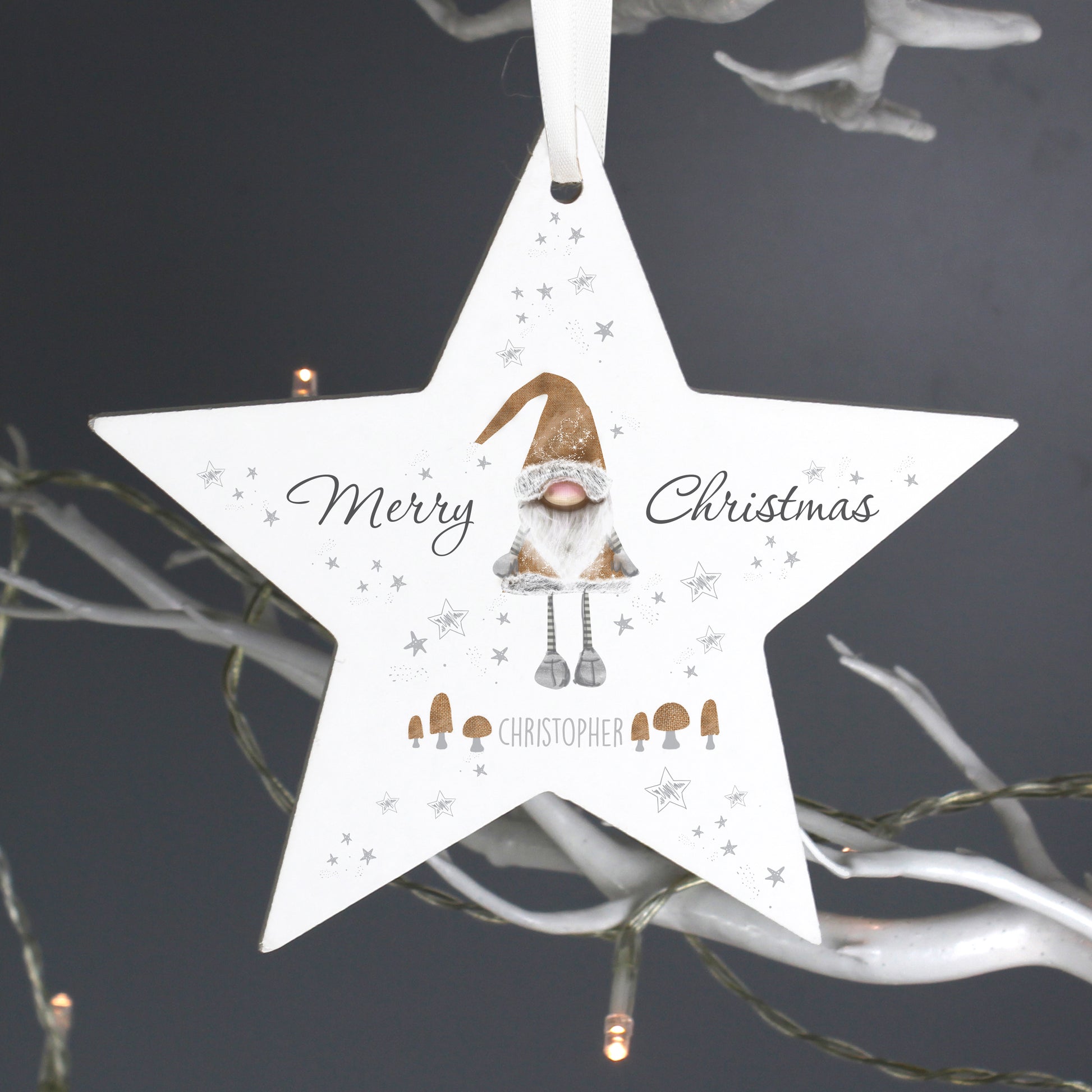 Personalised Christmas Gonk Wooden Star Decoration from Heartfelt Gifts