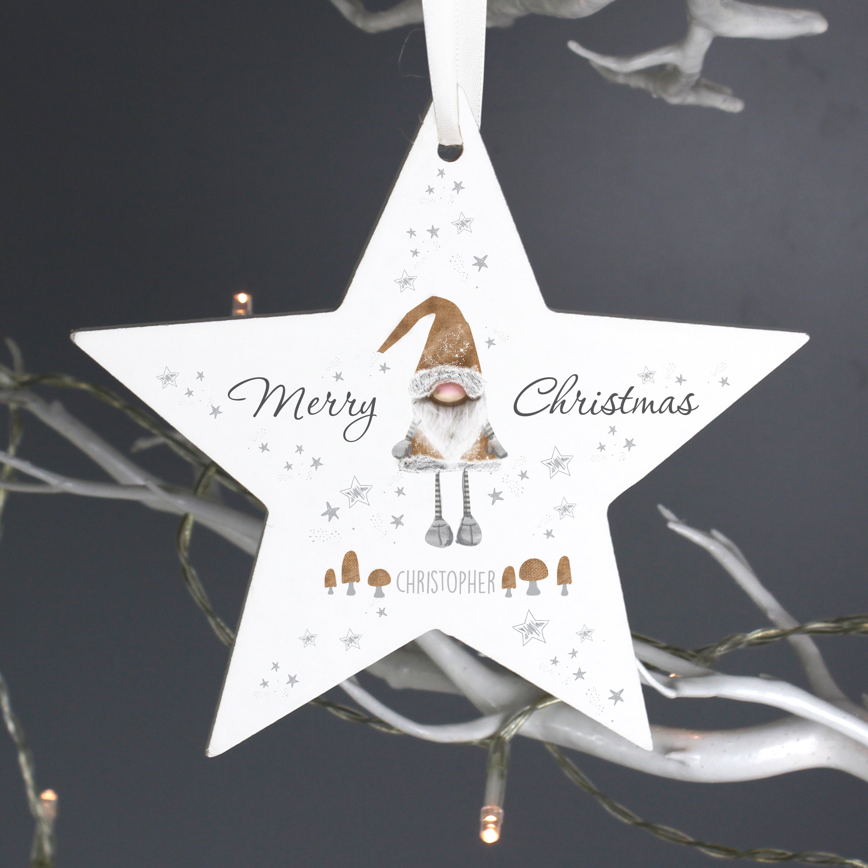 Personalised Christmas Gonk Wooden Star Decoration from Heartfelt Gifts