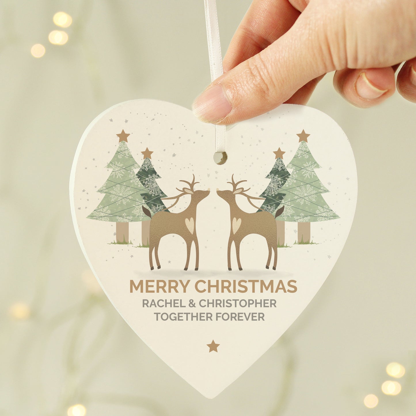 Personalised Reindeer Couple Wooden Heart Decoration from Heartfelt Gifts