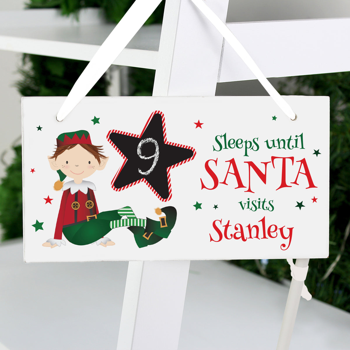 Elf Christmas countdown wooden sign personalised with names