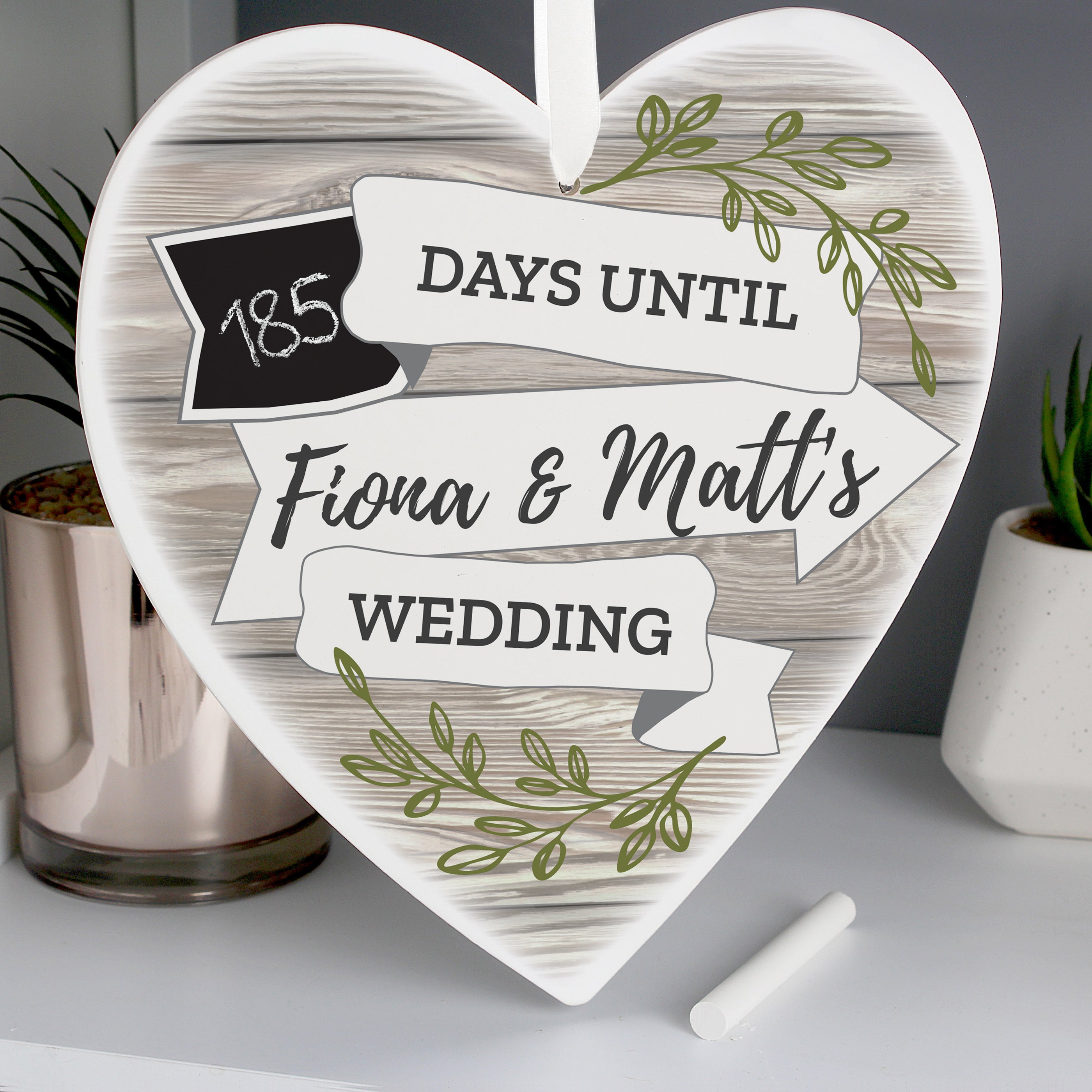Personalised White Arrow Banner Chalk Countdown Wooden Heart Decoration from Heartfelt Gifts