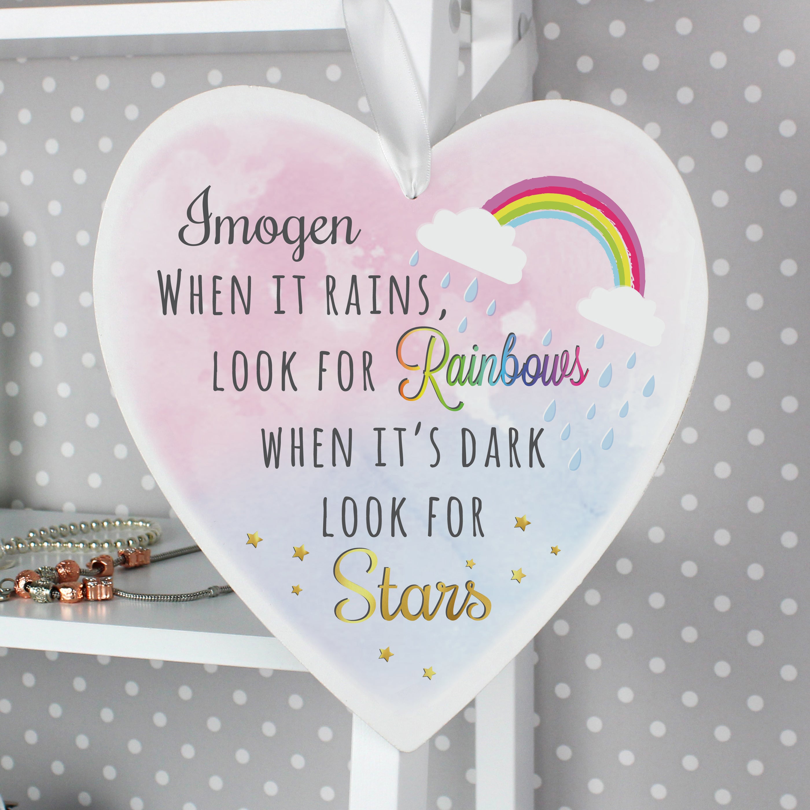 Personalised Rainbows and Stars Large Wooden Heart Decoration from Heartfelt Gifts
