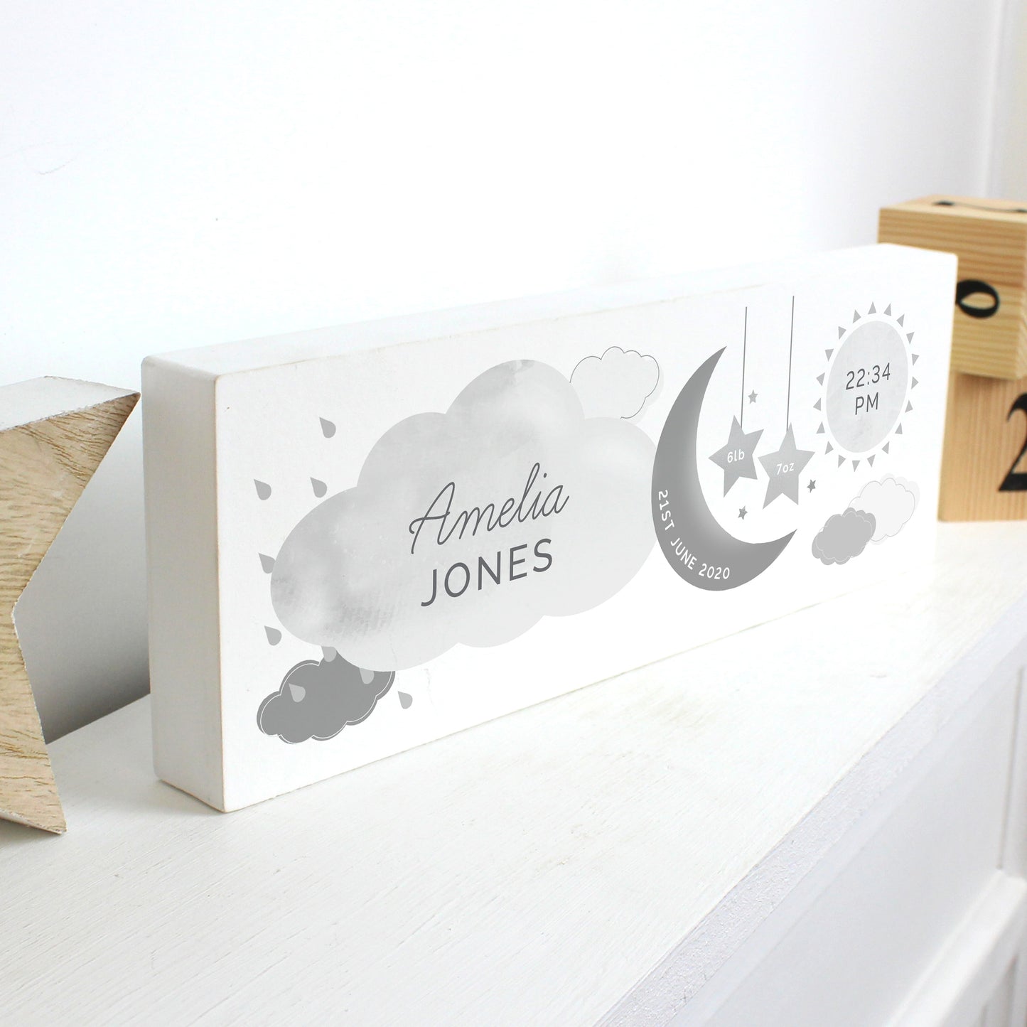 Personalised New Baby Moon & Stars Wooden Mantel Decoration from Heartfelt Gifts