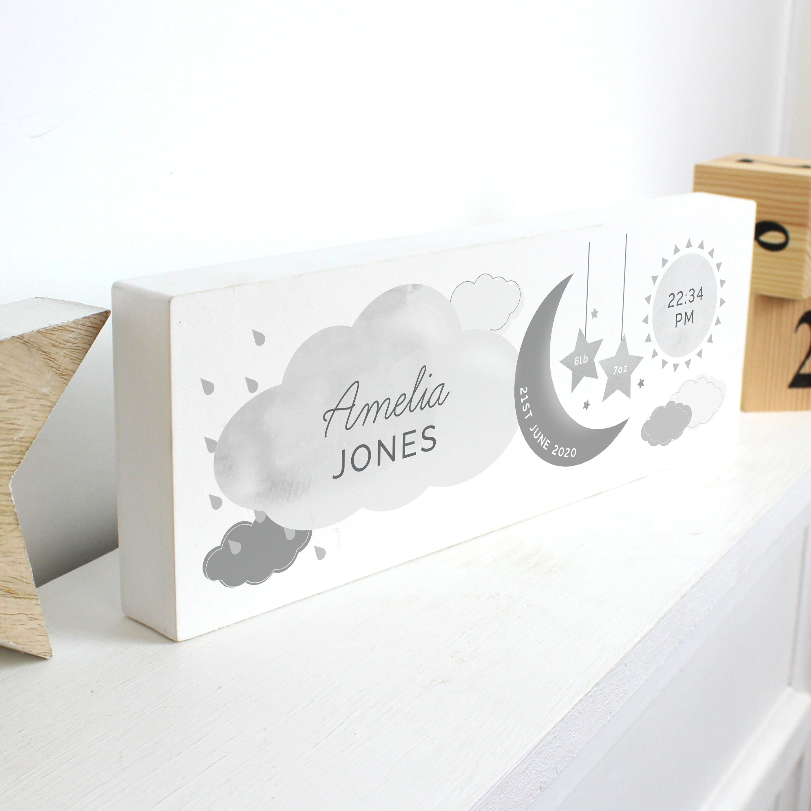 Personalised New Baby Moon & Stars Wooden Mantel Decoration from Heartfelt Gifts