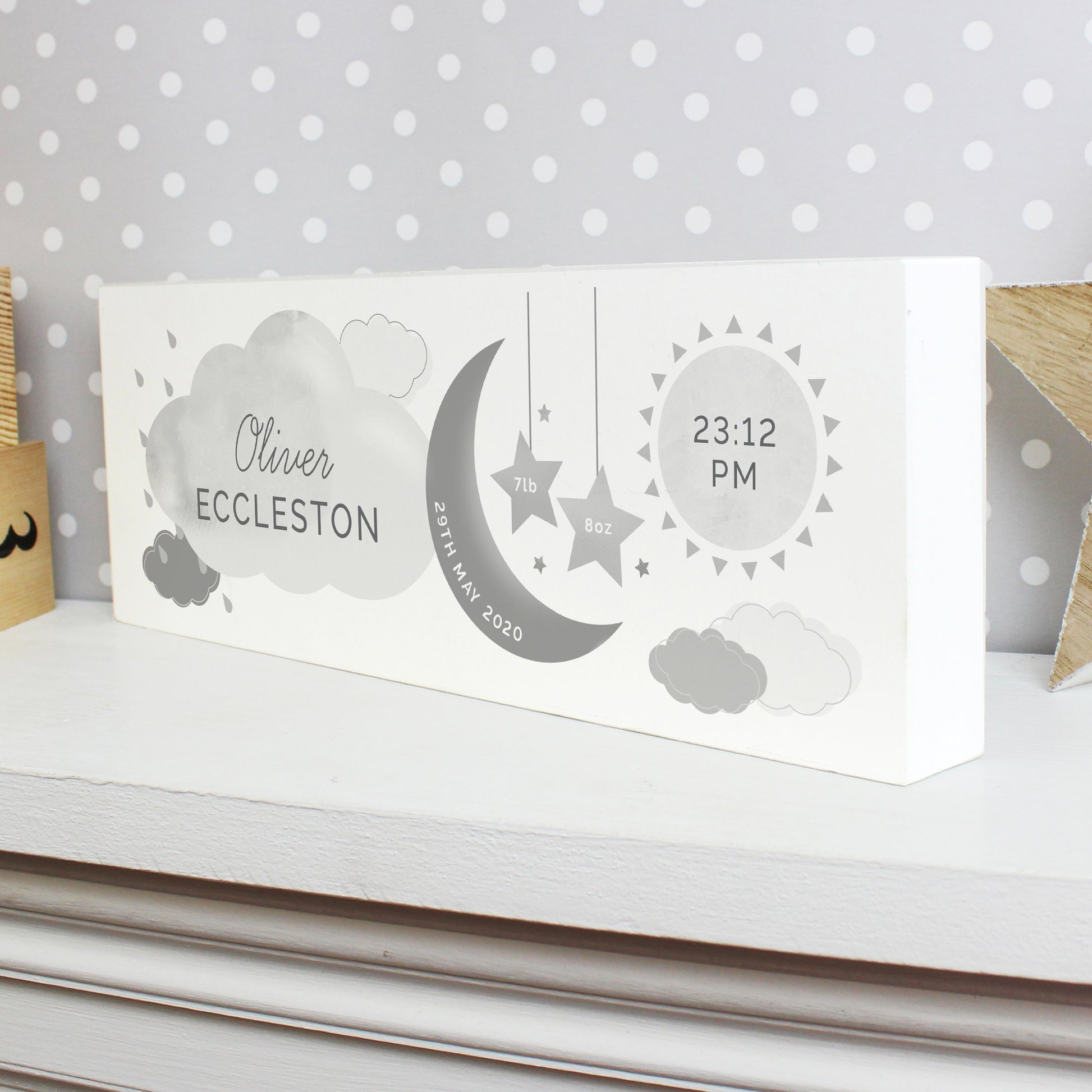 Personalised New Baby Moon & Stars Wooden Mantel Decoration - image 6