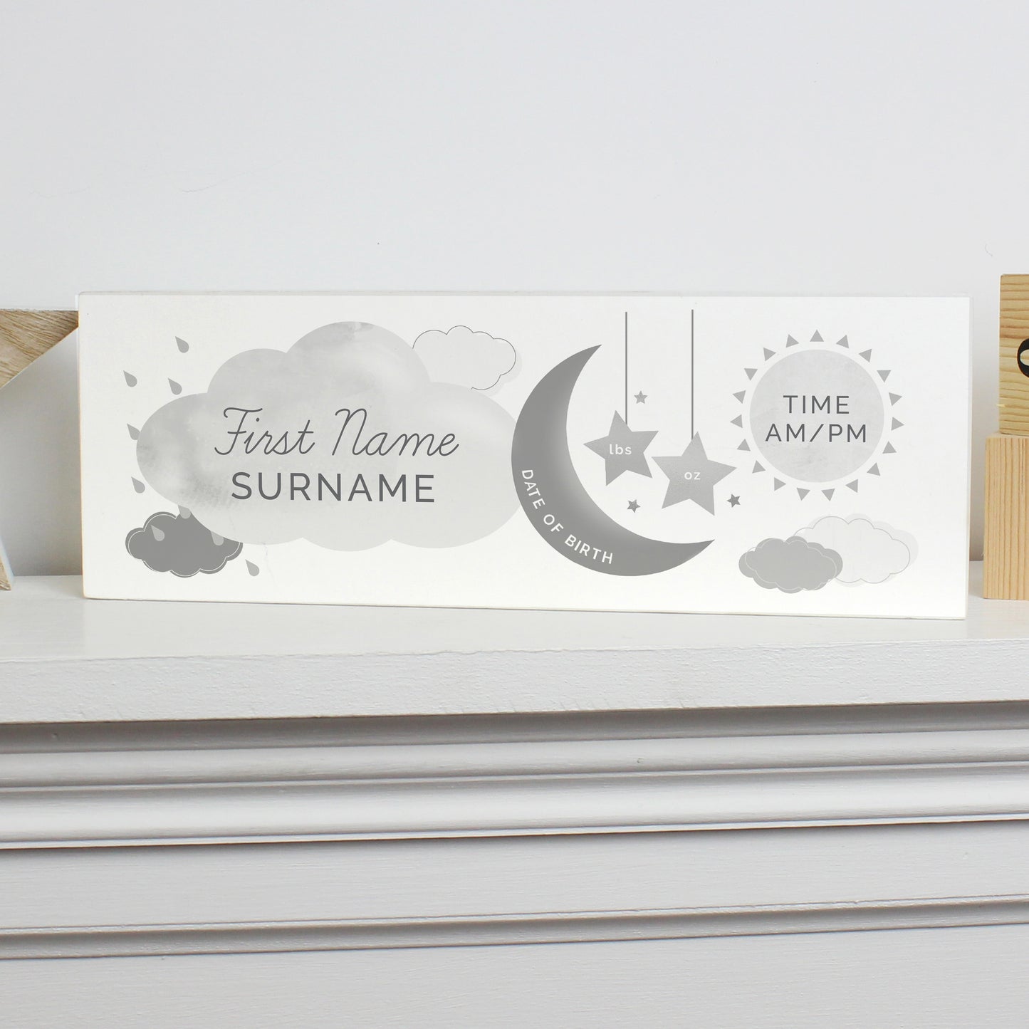 Personalised New Baby Moon & Stars Wooden Mantel Decoration - image 7