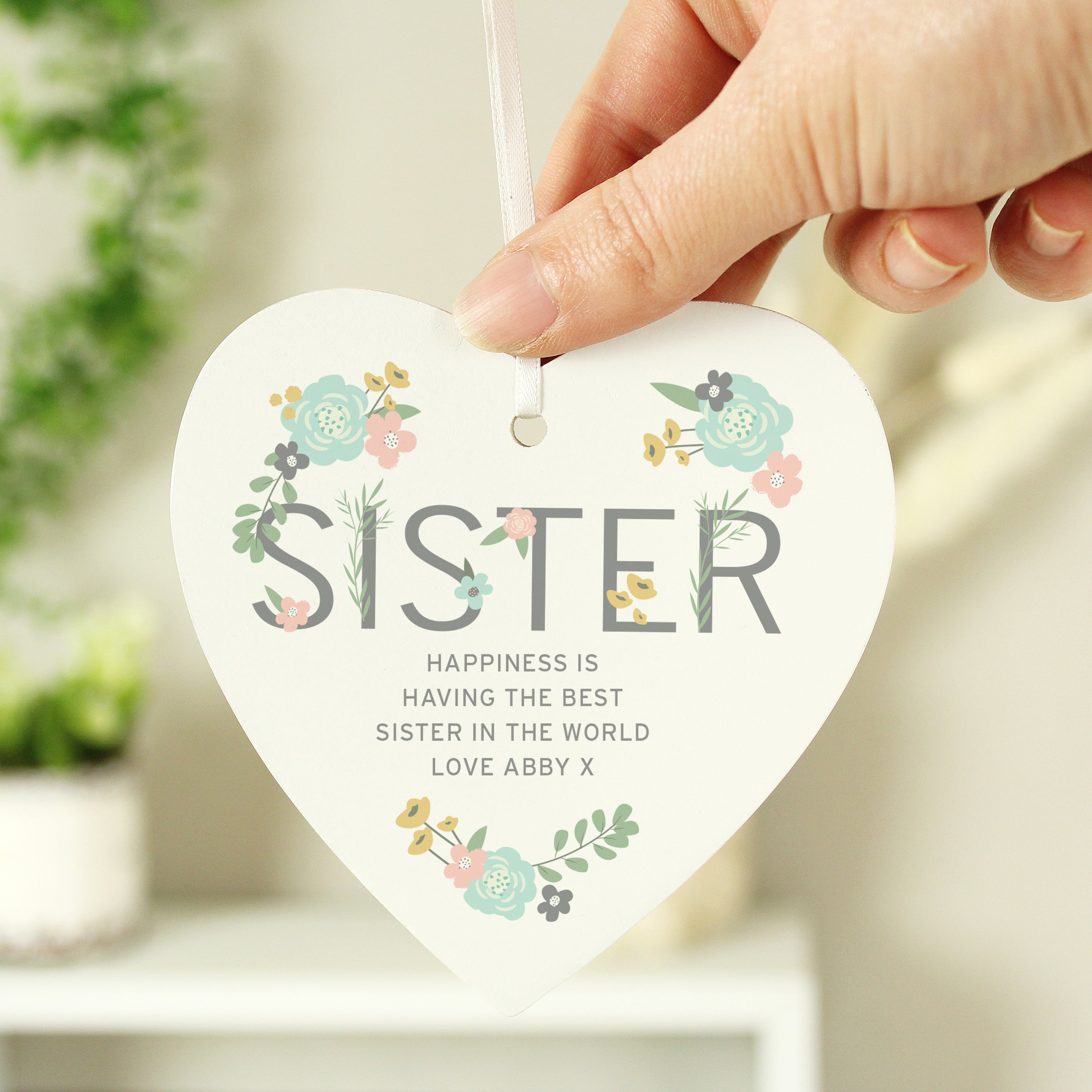 Personalised Sister Floral Wooden Heart Decoration from Heartfelt Gifts