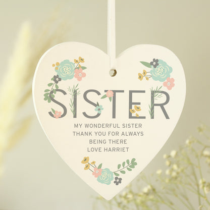 Personalised Sister Floral Wooden Heart Decoration - image 2