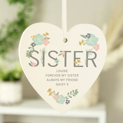 Personalised Sister Floral Wooden Heart Decoration - image 3