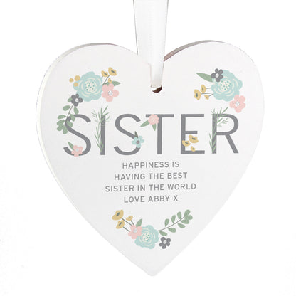 Personalised Sister Floral Wooden Heart Decoration - image 4