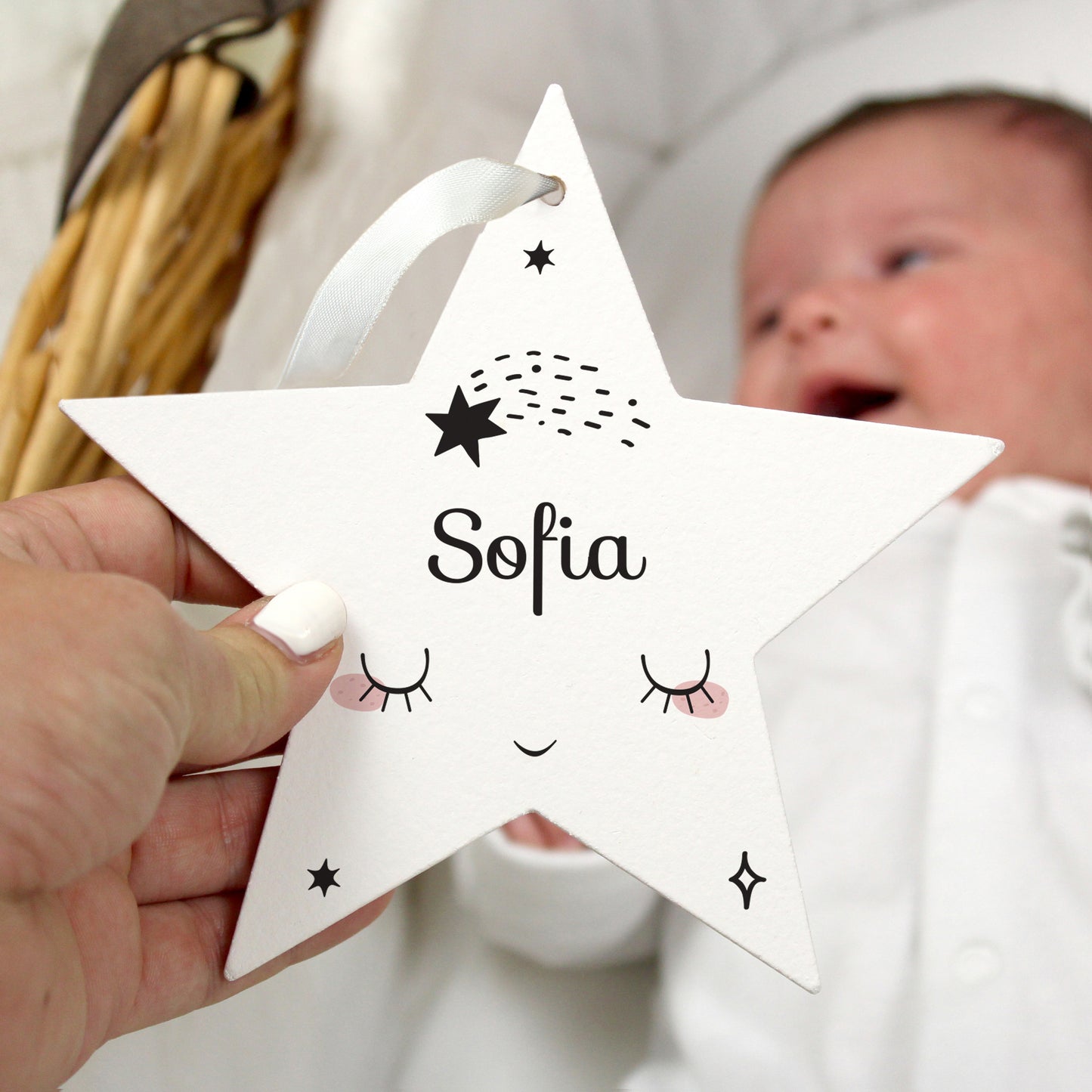 Personalised Baby Moon Wooden Star Decoration from Heartfelt Gifts