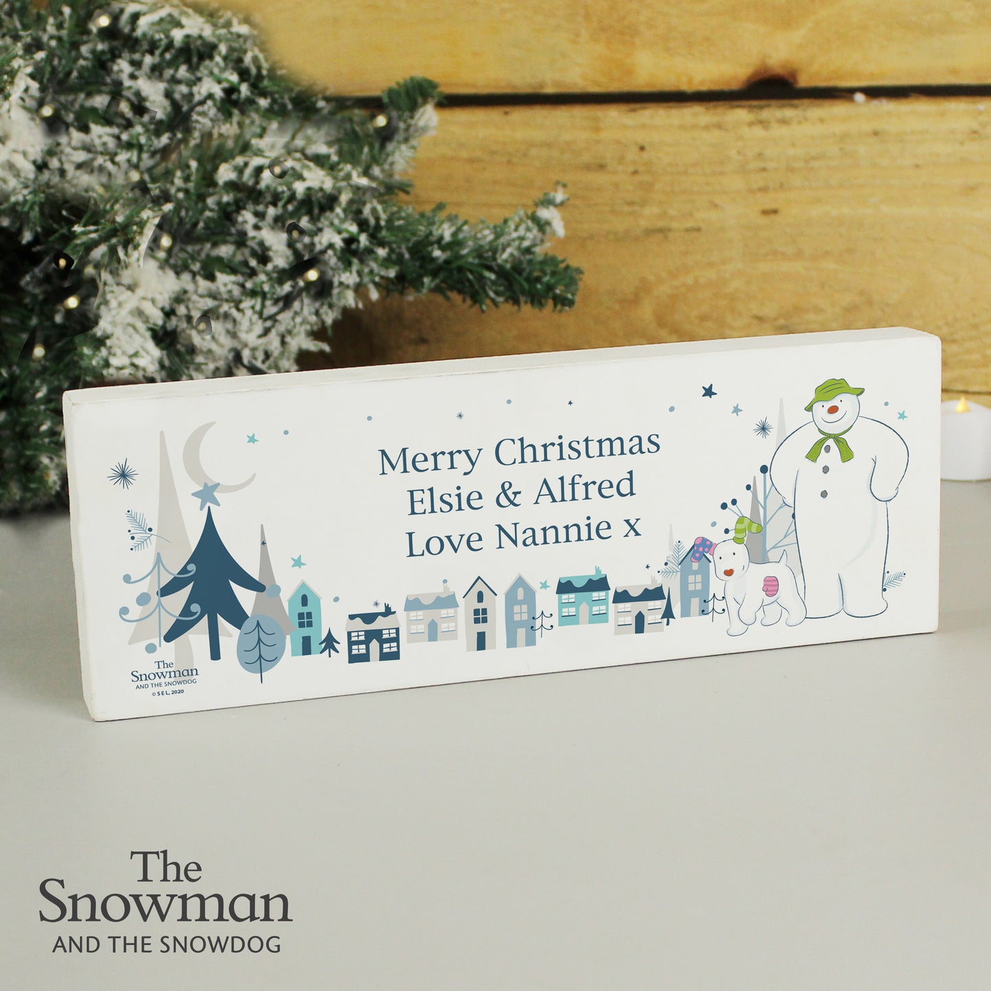 Personalised The Snowman and the Snowdog Wooden Mantel Decoration from Heartfelt Gifts
