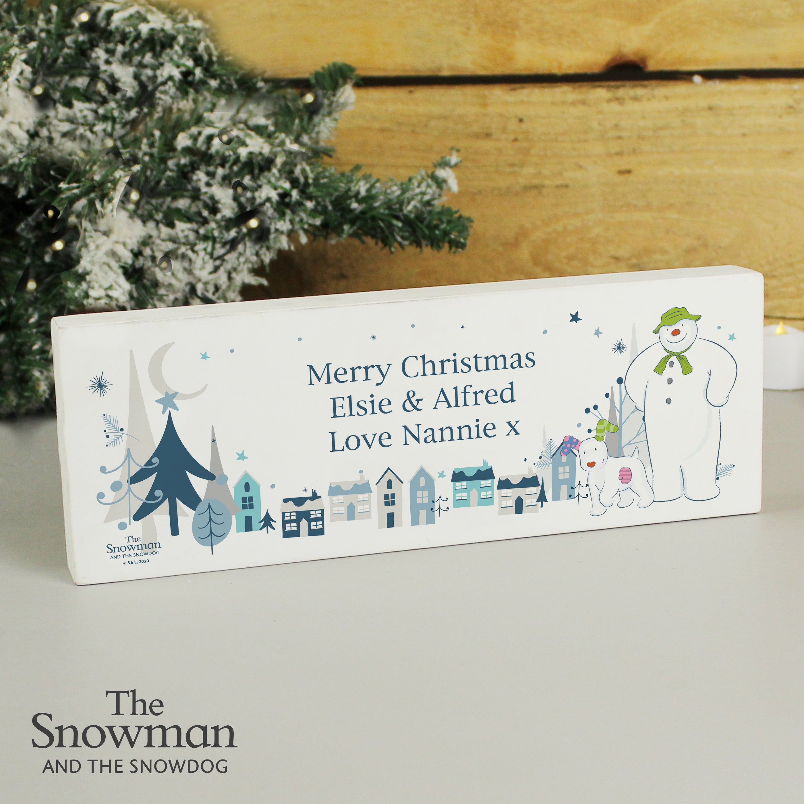 Personalised The Snowman and the Snowdog Wooden Mantel Decoration from Heartfelt Gifts