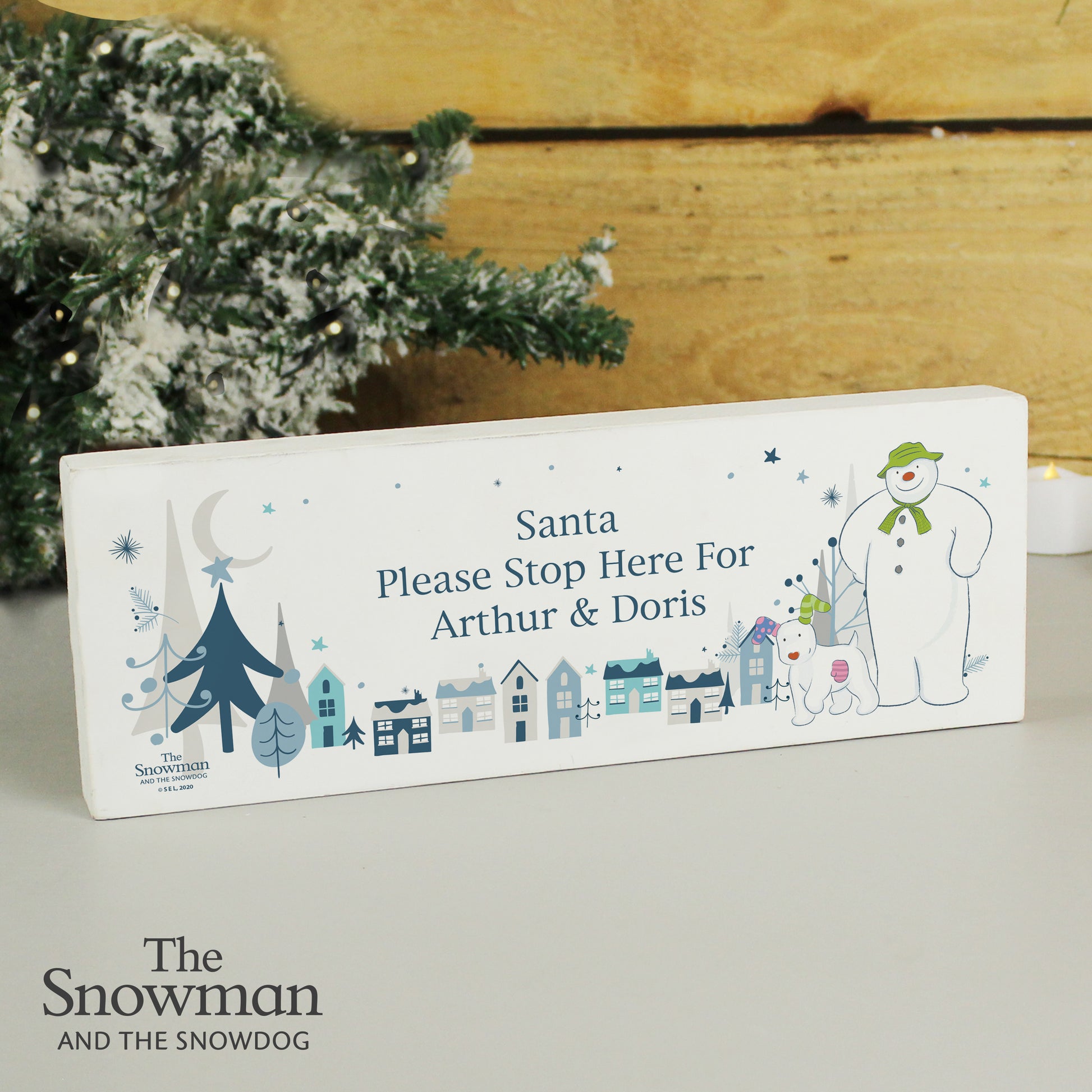Personalised The Snowman and the Snowdog Wooden Mantel Decoration - image 4