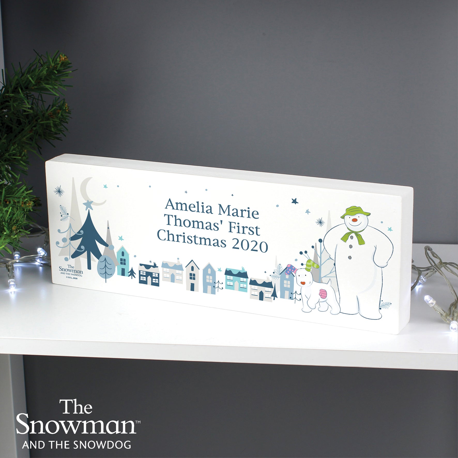 Personalised The Snowman and the Snowdog Wooden Mantel Decoration - image 6