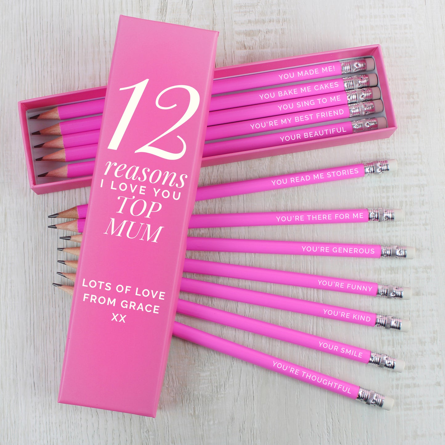 Personalised 12 Reasons Box and 12 Pink HB Pencils from Heartfelt Gifts