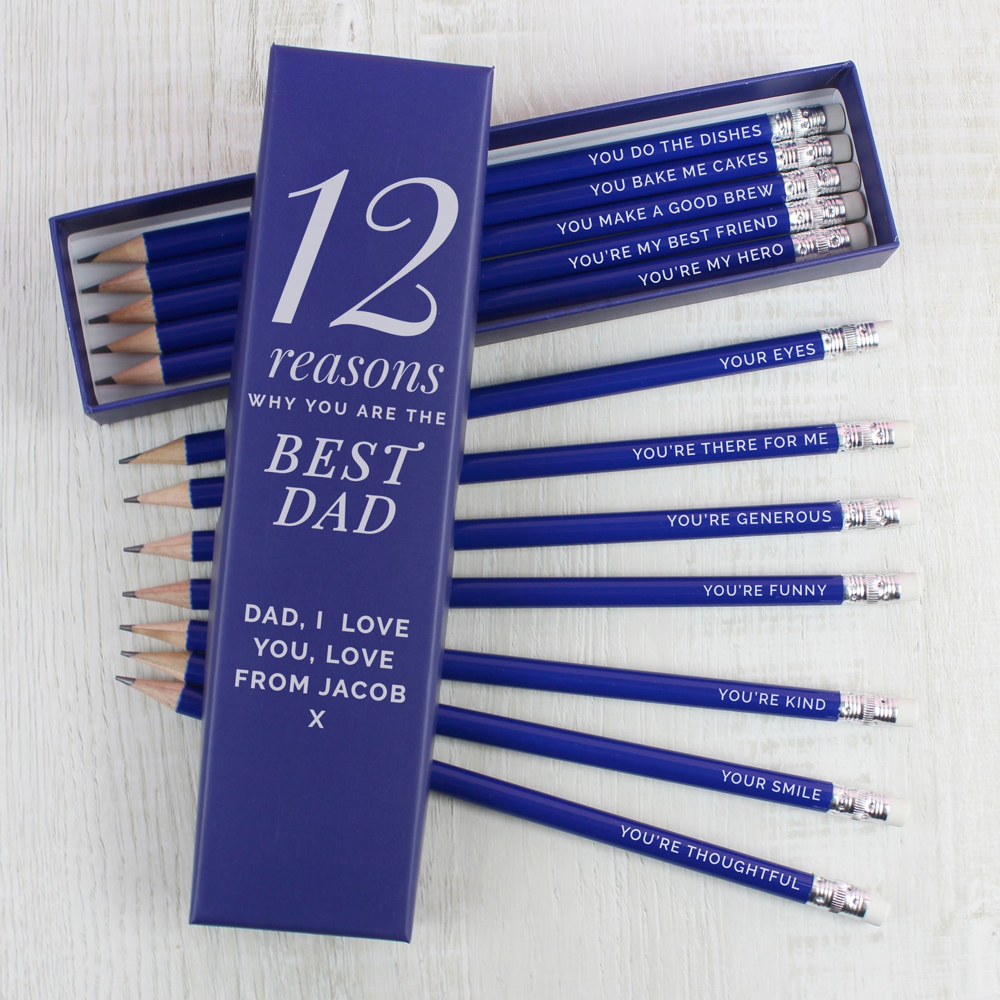 Personalised 12 Reasons Box and 12 Blue HB Pencils from Heartfelt Gifts