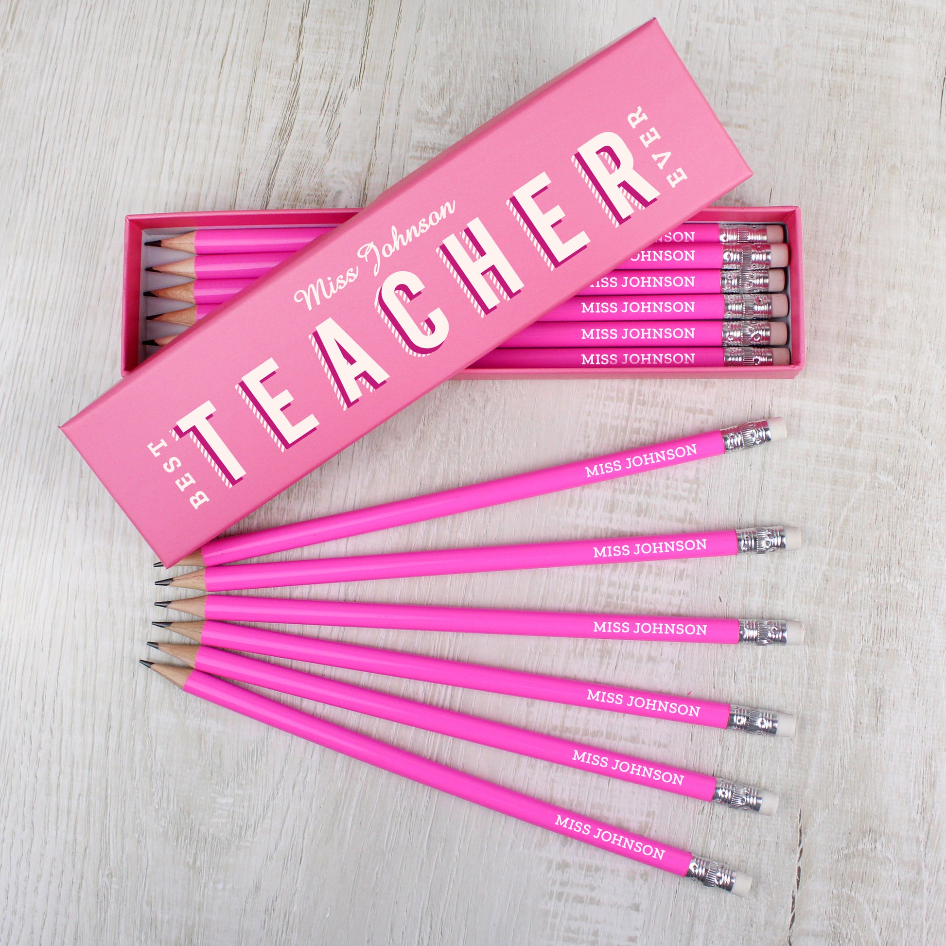 Personalised Best Teacher Ever Box and 12 Pink HB Pencils from Heartfelt Gifts